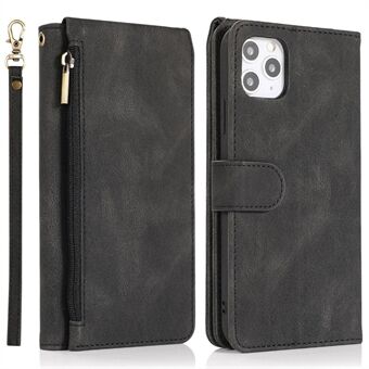 For iPhone 14 Plus Zipper Pocket Wallet Phone Case Skin-touch Feeling PU Leather Stand Multiple Card Slots Cover with Hand Strap