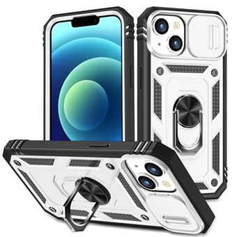 For iPhone 14 Plus Anti-fall PC+TPU Kickstand Function Phone Protector Sliding Camera Lens Cover Design Case with Card Slot