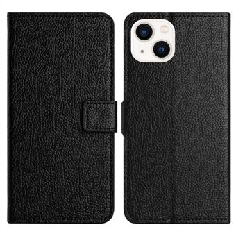 For iPhone 14 Plus PU Leather Stand Magnetic Clasp Case Litchi Texture Phone Wallet Cover - Black