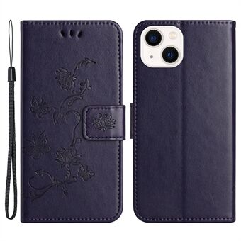 For iPhone 14 Plus Wallet Style Butterfly Flower Imprinted Anti-drop Case PU Leather Stand Feature Phone Shell with Strap