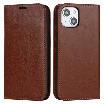 For iPhone 14 Plus Crazy Horse Texture Genuine Leather Wallet Case Stand Magnetic Auto-absorbed Folio Cover