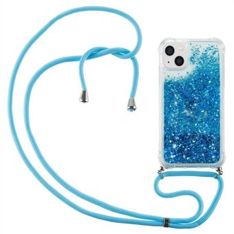 For iPhone 14 Plus Clear Quicksand Glitter Flowing Liquid Case Soft TPU Corners Cushion Back Cover with Long Lanyard