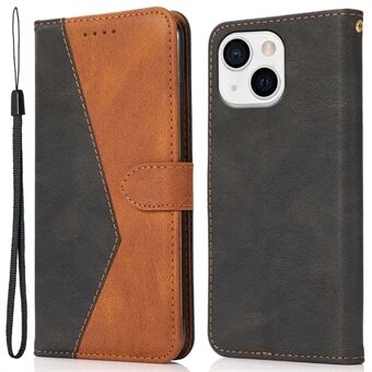 For iPhone 14 Plus Dual-color Splicing PU Leather Wallet Stand Anti-fall Case Cover with Wrist Strap