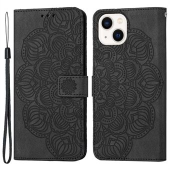 For iPhone 14 Plus Mandala Flower Imprinted Wallet Case PU Leather Wrist Strap Stand Feature Flip Cover