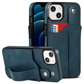For iPhone 14 Plus RFID Blocking Card Slots Anti-fingerprint Back Cover Kickstand Design Leather Coated TPU Case with Hand Strap
