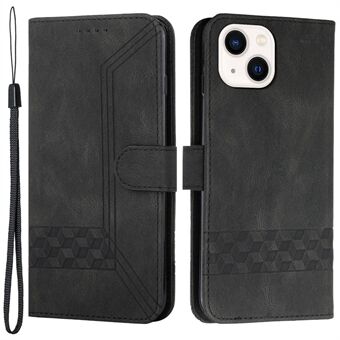 For iPhone 14 Plus YX0010 Leather Case Foldable Stand Wallet Rhombus Lines Imprinted Skin-touch Protective Phone Cover