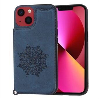 For iPhone 14 Plus Mandala Flower Imprint Leather Coated TPU Smartphone Case Card Slot Kickstand Design Anti-drop Cover with Strap