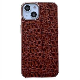 For iPhone 14 Plus Genuine Cowhide Leather Coated TPU + PC Hybrid Cover Nano Electroplating Textured Surface Phone Case