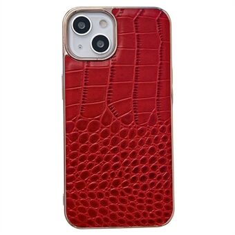 For iPhone 14 Plus Crocodile Texture Nano Electroplating Anti-wear Cover Genuine Cowhide Leather Coated TPU+PC Phone Case