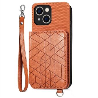 Kickstand Case with Strap for iPhone 14 Plus, Geometry Imprinted Wallet Car Mount Metal Sheet Leather Coated TPU Phone Cover