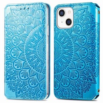 For iPhone 14 Plus Mandala Flower Imprint PU Leather Phone Shockproof Case Magnetic Auto-closing Flip Stand Cover with Wallet