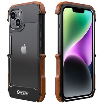 R-JUST For iPhone 14 Plus Shockproof Case Wood + Aluminum Alloy Frame Bumper Case Anti-Fall Phone Protector