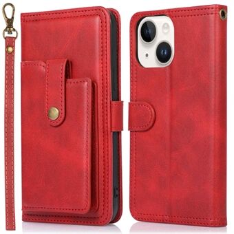 Outer Card Holder Shockproof Phone Cover for iPhone 14 Plus, PU Leather Stand Wallet Folio Flip Case with Strap
