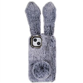 For iPhone 14 Plus Cute 3D Bunny Ears Furry Winter Warm Case Bump Proof TPU Protective Phone Cover with Glitter Rhinestone Bowknot