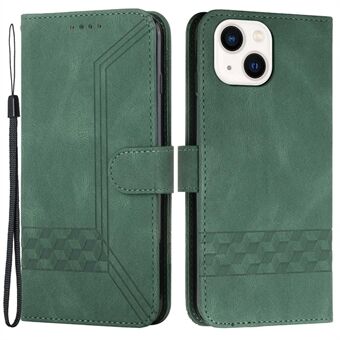 YX0010 Series for iPhone 14 Plus Imprinted Rhombus and Lines Phone Stand Case PU Leather Wallet Anti-drop Cover with Strap