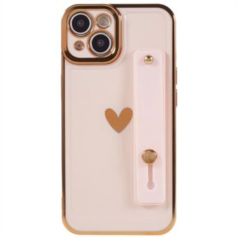 For iPhone 14 Plus Wristband Kickstand Cell Phone Case Heart Pattern Flexible TPU Phone Cover 6D Electroplating Shell