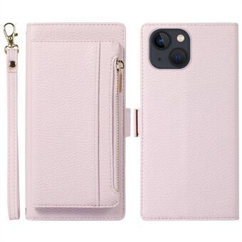 For iPhone 14 Plus Magnetic Detachable Zippered Wallet Phone Case Litchi Texture 2-in-1 PU Leather Shockproof Phone Cover with Strap