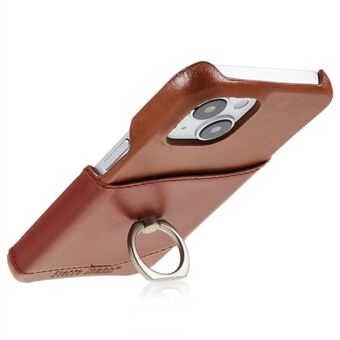 FIERRE SHANN For iPhone 14 Plus Ring Kickstand Protective Case Genuine Leather+PU Leather+PC Anti-drop Phone Back Cover with Card Slot