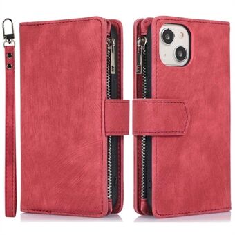 For iPhone 14 Plus Zipper Pocket Shock Absorbing Phone Stand Wallet Case Skin-touch PU Leather Card Holder Shell with Wrist and Shoulder Strap