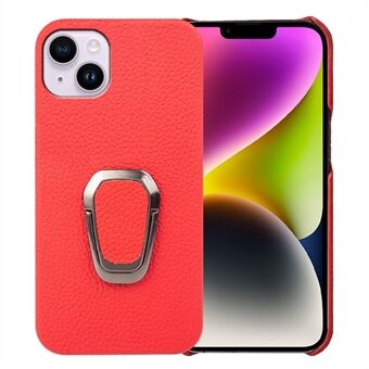 For iPhone 14 Plus Genuine Leather Coated PC Protective Phone Cover Ring Holder Kickstand  Design Litchi Texture Non-Slip Shockproof Case