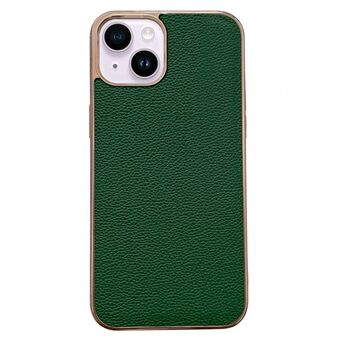 Litchi Texture Phone Shell for iPhone 14 Plus, Nano Electroplating Back Cover Genuine Leather Coated TPU Phone Case