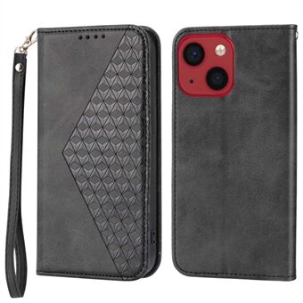 For iPhone 14 Plus Imprinted Rhombus Pattern Phone Stand Cover Calf Texture PU Leather Case Magnetic Wallet with Strap