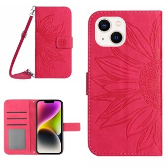 For iPhone 14 Plus HT04 Skin-touch PU Leather Stand Case Imprinted Sunflower Full Protection Phone Wallet Cover with Shoulder Strap