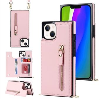 For iPhone 14 Plus Zipper Pocket Kickstand Design Protective Cover Dual Magnetic Buttons PU Leather Coated TPU Phone Case with Shoulder Strap