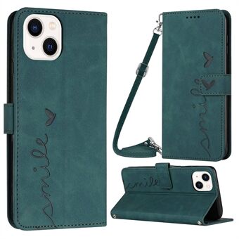 Stand Case for iPhone 14 Plus, Anti-collision Heart Shape Imprinted Wallet Skin-touch Feeling PU Leather Phone Cover with Shoulder Strap