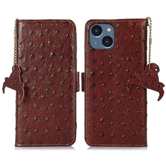 For iPhone 14 Plus Ostrich Pattern Genuine Cowhide Leather Case, Side Magnetic Closure Phone Case RFID Blocking Wallet Phone Cover with Stand