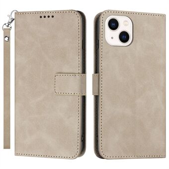 For iPhone 14 Plus Magnetic Clasp Drop-proof Phone Case PU Leather Stand Cell Wallet Phone Cover with Strap