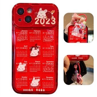 For iPhone 14 Plus Red Calendar TPU Phone Case with Flip Mirror and Chain Protective Phone Cover