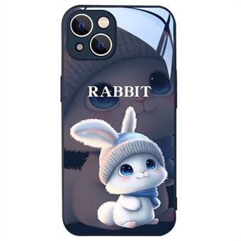 For iPhone 14 Plus Back Cover, Cartoon Rabbit with Knitted Hat Bump Proof Tempered Glass+TPU Phone Protective Case