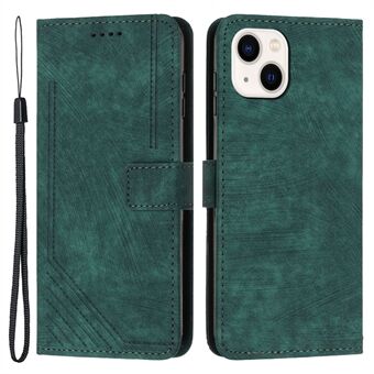 For iPhone 14 Plus PU Leather Phone Stand Case Skin-touch Wallet Lines Imprinted Cover