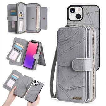 MEGSHI 004 Series Detachable Zipper Wallet Case for iPhone 14 Plus Stand Leather Phone Cover with Mirror