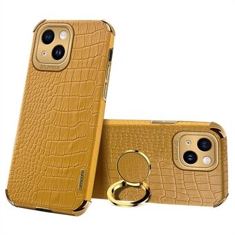 For iPhone 14 Plus Kickstand 6D Electroplating Cover PU Leather Coated TPU Crocodile Texture Phone Case