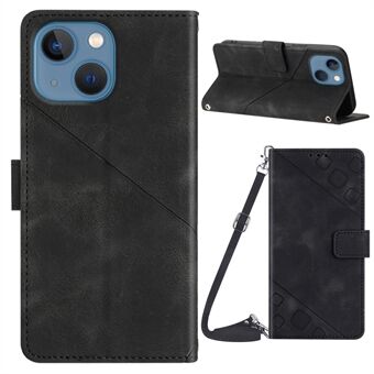 PT005 YB Imprinting Series-7 for iPhone 14 Plus Stand Phone Cover PU Leather Phone Wallet Case with Shoulder Strap
