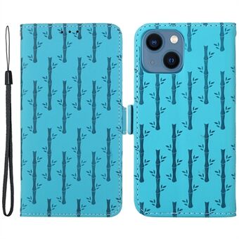 For iPhone 14 Plus Lucky Bamboo Imprinted Folio Flip Phone Case Skin-touch Anti-drop Cover with Strap