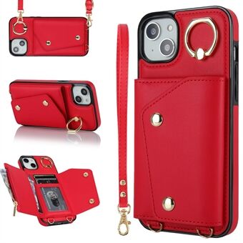 Ring Kickstand Case for iPhone 14 Plus Zipper Wallet PU Leather Coated TPU Mobile Phone Cover