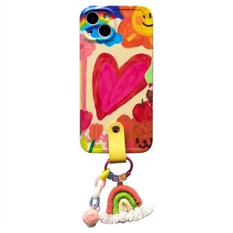 For iPhone 14 Plus Flexible TPU Phone Shell Heart Pattern Cover Case with Rainbow Decor, Leather Shoulder Strap