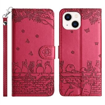 Imprinted Wall Cats Phone Stand Case for iPhone 14 Plus , PU Leather Wallet Phone Cover with Strap