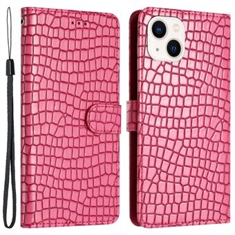 Crocodile Texture Shell for iPhone 14 Plus PU Leather+TPU Cover Stand Phone Wallet Case with Hand Strap