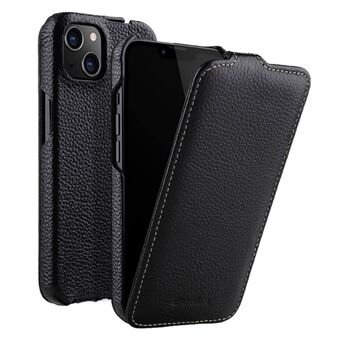 MELKCO For iPhone 14 Plus Litchi Texture Vertical Flip Cover Genuine Cow Leather+PC Phone Case