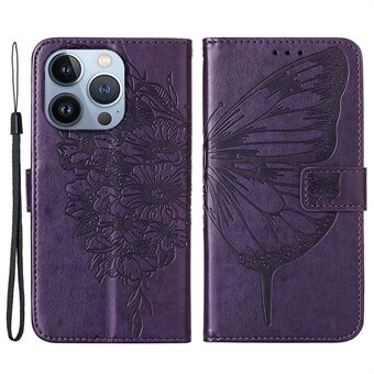 YB Imprinting Flower Series-4 for iPhone 14 Pro Max 6.7 inch Butterfly Flower Imprinted PU Leather Stand Cover Folio Flip Wallet Case