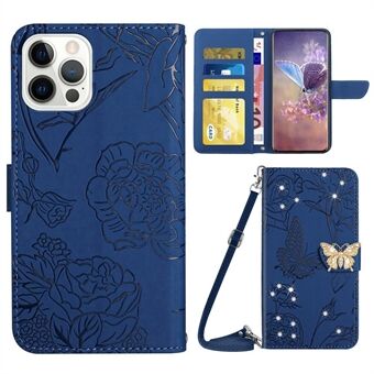 For iPhone 14 Pro Max 6.7 inch Butterfly Flowers Imprinted Rhinestone Decor Phone Cover Wallet Hands-free Stand Leather Case with Shoulder Strap