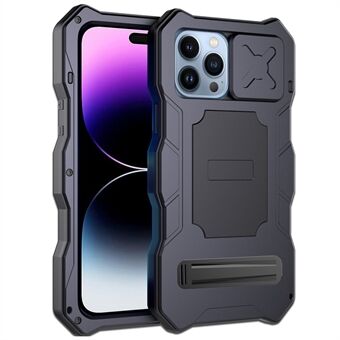 For iPhone 14 Pro Max Metal Frame + Silicone Sturdy Phone Protector Kickstand Slide Camera Lens Cover Full Body Protective Shell with Tempered Glass Film