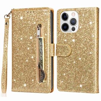 For iPhone 14 Pro Max 6.7 inch Glitter Sequins PU Leather + TPU Full Protection Stand Wallet Case with Zipper Pocket and Hand Strap