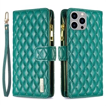 BINFEN COLOR for iPhone 14 Pro Max 6.7 inch BF Style-15 Zipper Pocket Imprinted Rhombus Pattern Case Flip Stand Matte Shockproof PU Leather Wallet Cover