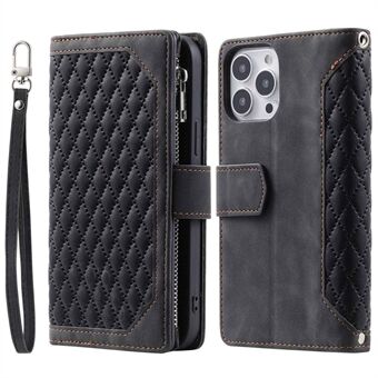 005 Mobile Phone Cover for iPhone 14 Pro Max 6.7 inch, Handy Strap Rhombus Grid Textured PU Leather Zipper Pocket Stand Wallet Case