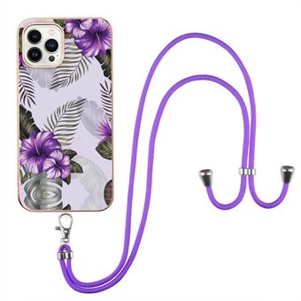 For iPhone 14 Pro Max 6.7 inch YB IMD Series-4 IMD IML Marble Flower Pattern Anti-drop TPU Phone Case Electroplating Frame Cover with Lanyard